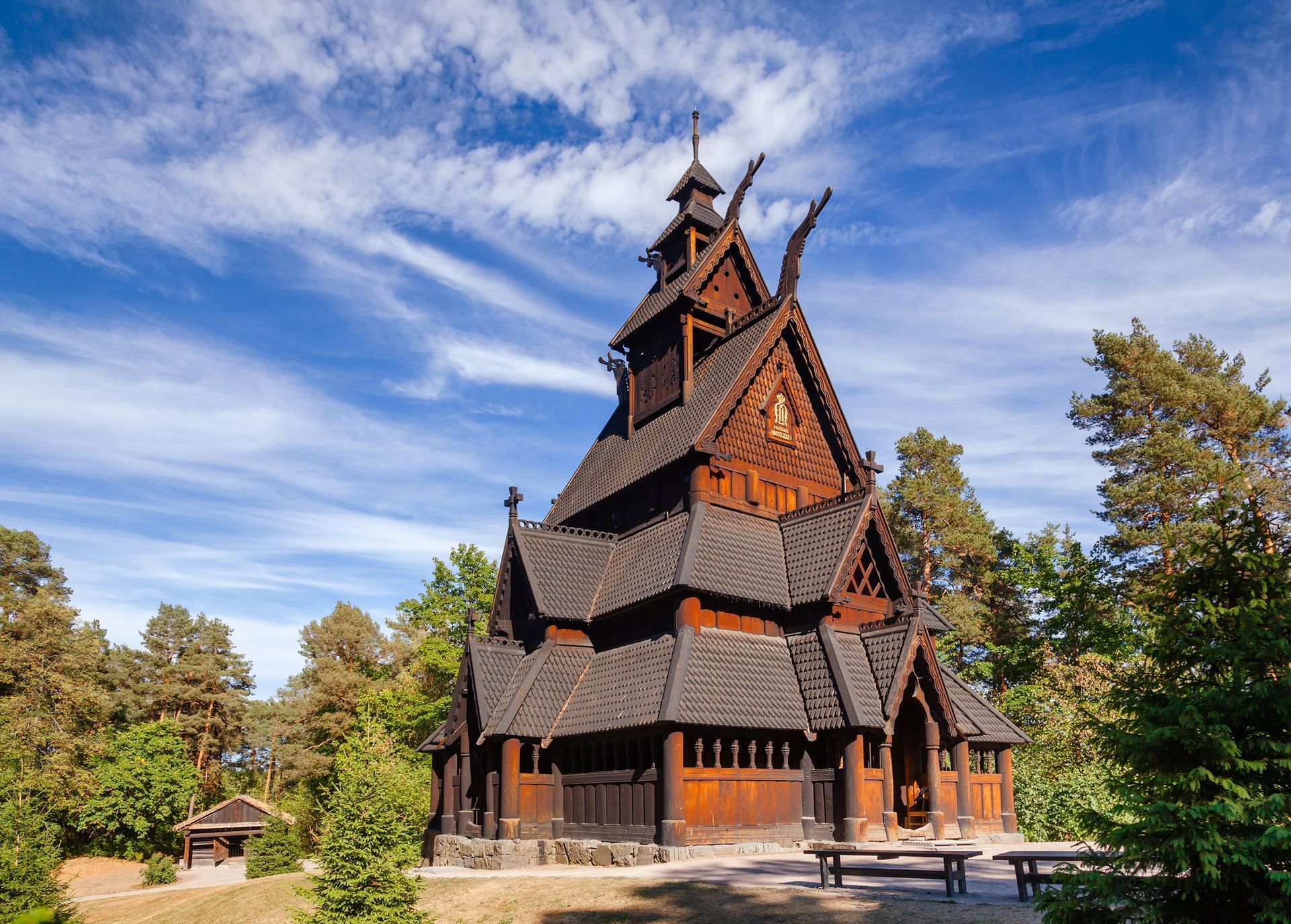 Reconstructed wooden Gol Stave Church (Gol Stavkyrkje) in Norwegian Museum of Cultural History at Bygdoy peninsula in Oslo, Norway, Scandanavia