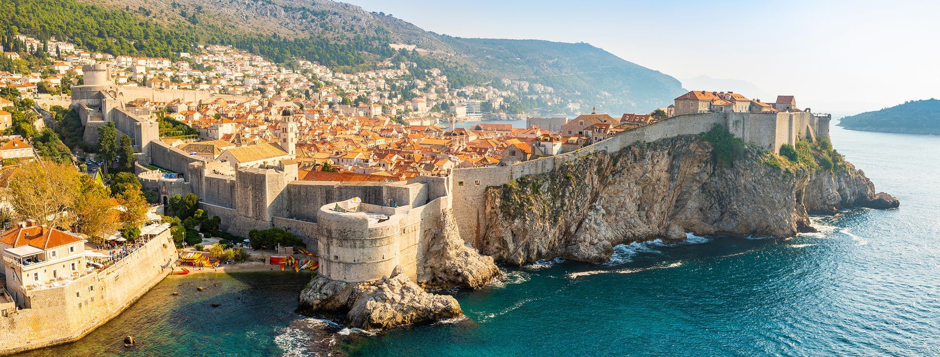 View from Fort Lovrijenac to Dubrovnik Old town in Croatia at sunset light, travel background