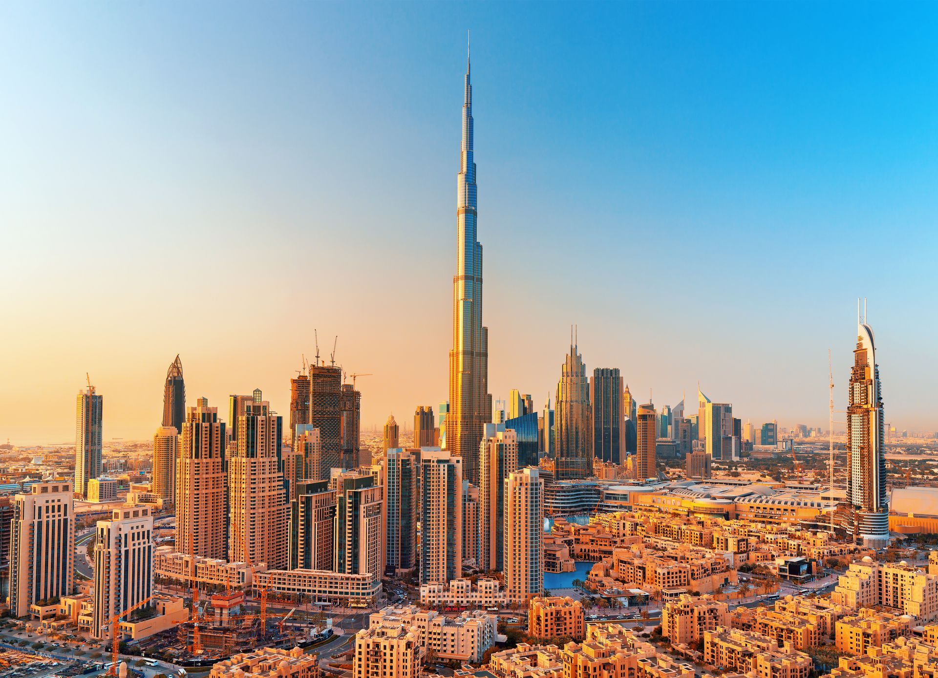 DUBAI ,UNITED ARAB EMIRATES-FEBRUARY 18, 2017: Beautiful Dubai downtown at the sunset,Dubai,United Arab Emirates