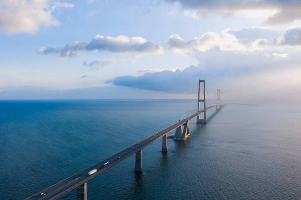 Aerial view on the famous Great Belt suspension bridge (?stbroen) in Denmark, a multi-element fixed link crossing the Great Belt strait between the Danish islands of Zealand and Funen