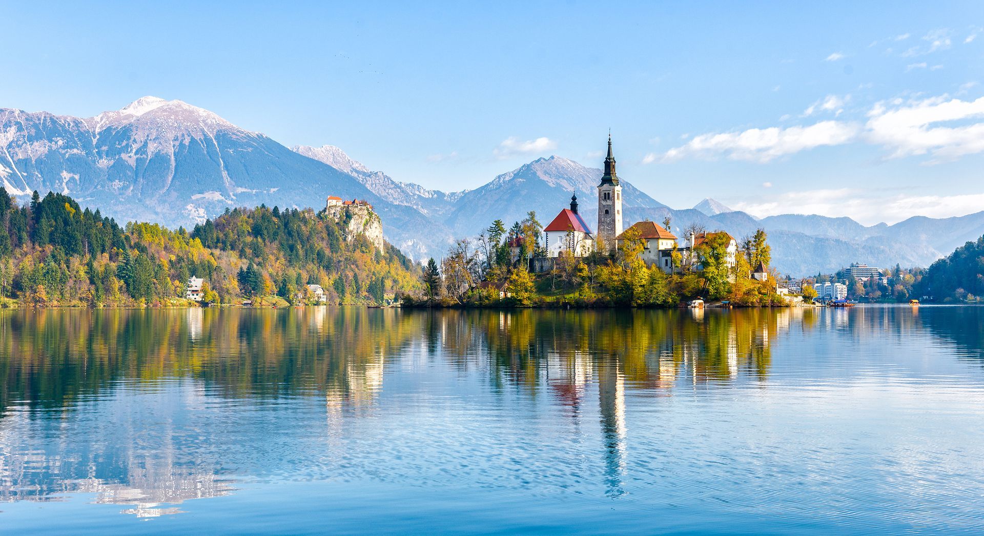 Lake Bled Slovenia. Beautiful mountain lake with small Pilgrimage Church