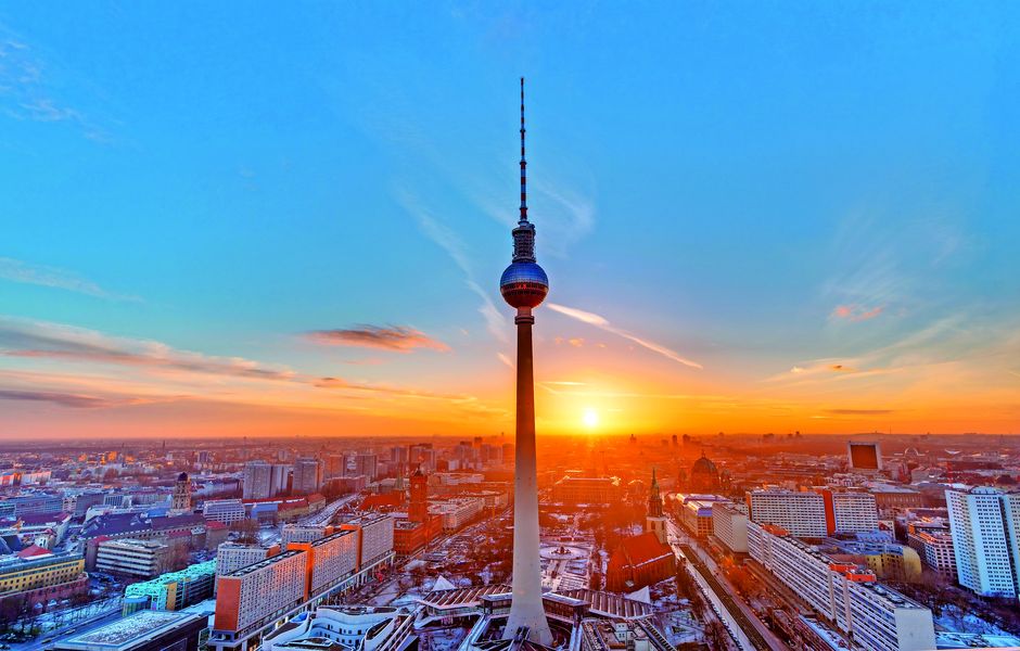 Beautiful sunset with the Television Tower at Alexanderplatz in Berlin